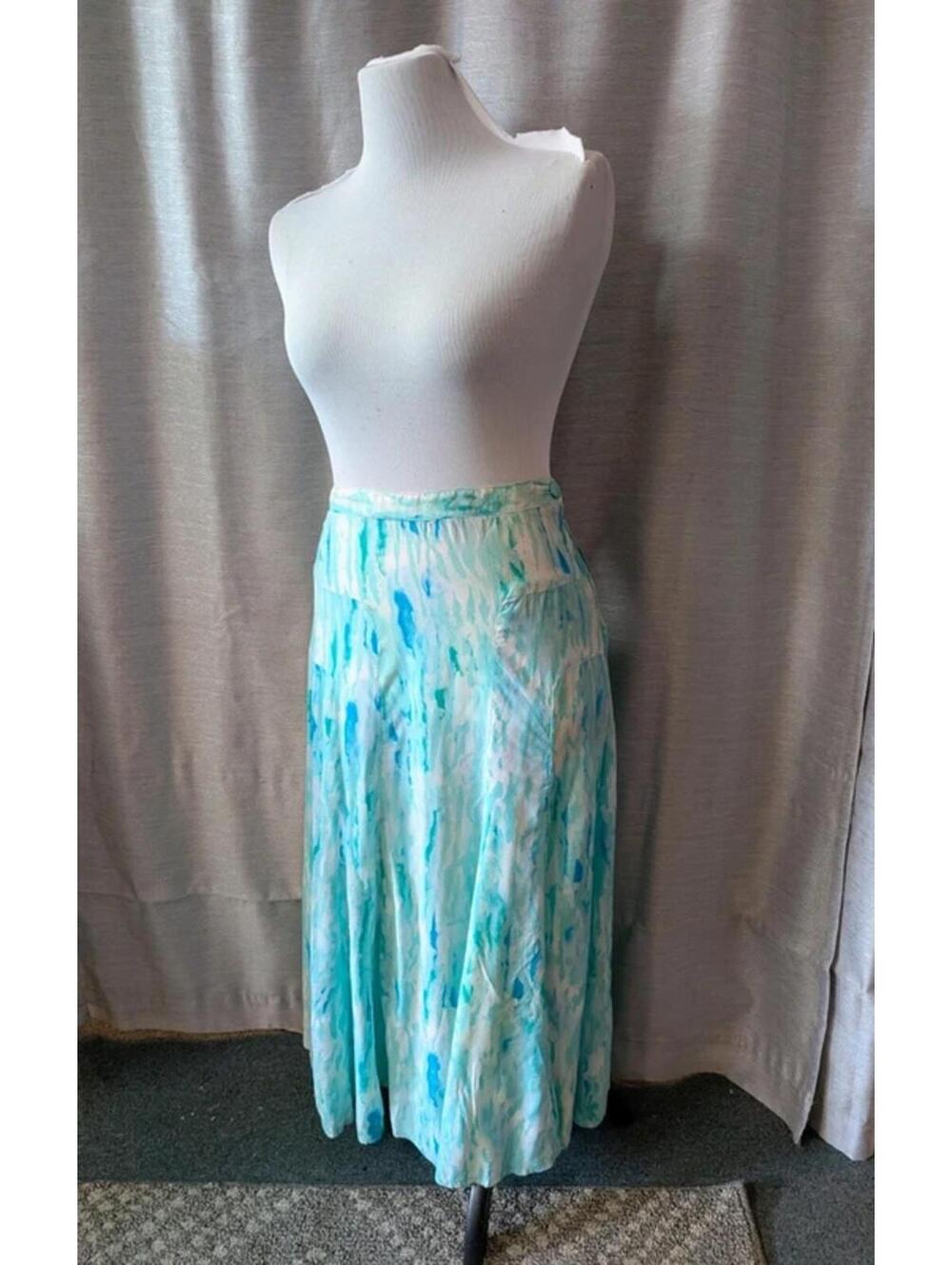 Vintage 80s Blue Marbled Rayon Skirt M